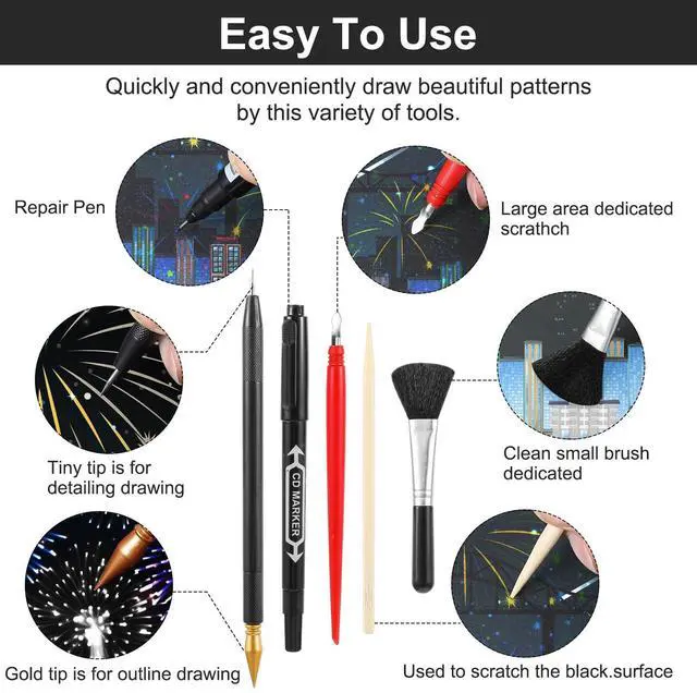 Alt view image 4 of 7 - 9Pcs Scratch Art Tools Set Including Artist Glove, Tool Bag, Scratch Coloring Pens, Plastic And Wooden Stylus, Scraper, Repair Pen, Clean Brush Scratchs Painting Drawing Tools for Adult Painting Paper