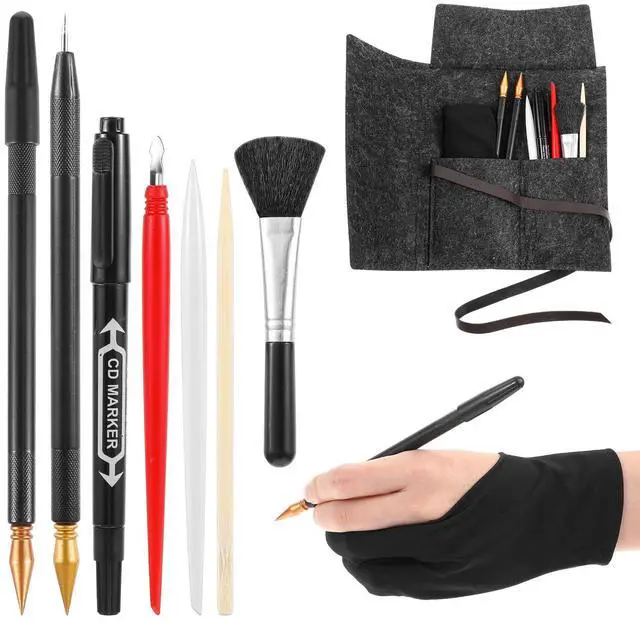 Main image of 9Pcs Scratch Art Tools Set Including Artist Glove, Tool Bag, Scratch Coloring Pens, Plastic And Wooden Stylus, Scraper, Repair Pen, Clean Brush Scratchs Painting Drawing Tools for Adult Painting Paper