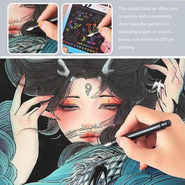Alt view image 3 of 7 - 5 Pieces Scratch Art Tools Set, DIY Scratching Drawing Painting Pen, Fountain Pen Shape Scratch Pen, Scratch Stick Stylus Tools Bag with Clean Brush in Bag (Black)