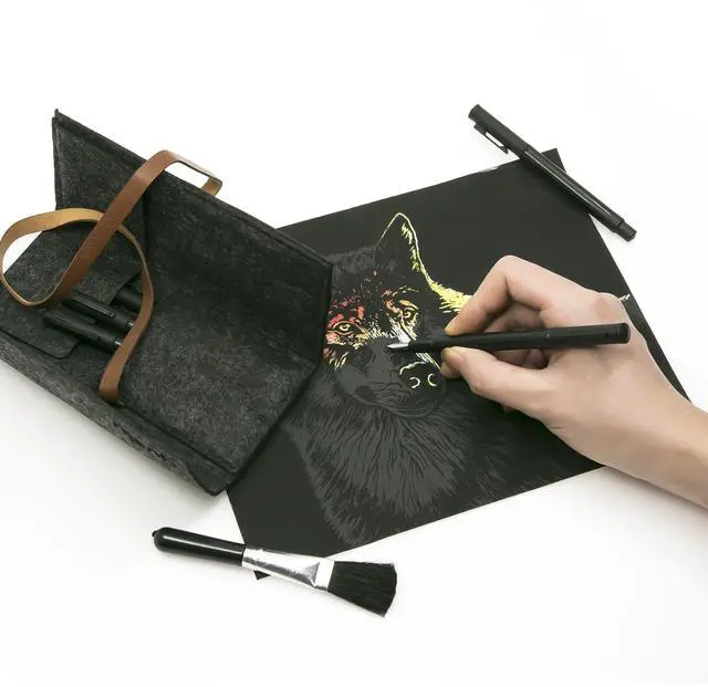 Alt view image 2 of 7 - 5 Pieces Scratch Art Tools Set, DIY Scratching Drawing Painting Pen, Fountain Pen Shape Scratch Pen, Scratch Stick Stylus Tools Bag with Clean Brush in Bag (Black)