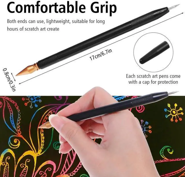 Alt view image 3 of 7 - 14 Pcs Scratch Art Tools Scratching Drawing Tool Set Including Tools Bag, Scratch Coloring Pens, Plastic Pens, Wooden Stylus, Clean Brush for Adults Painting Paper