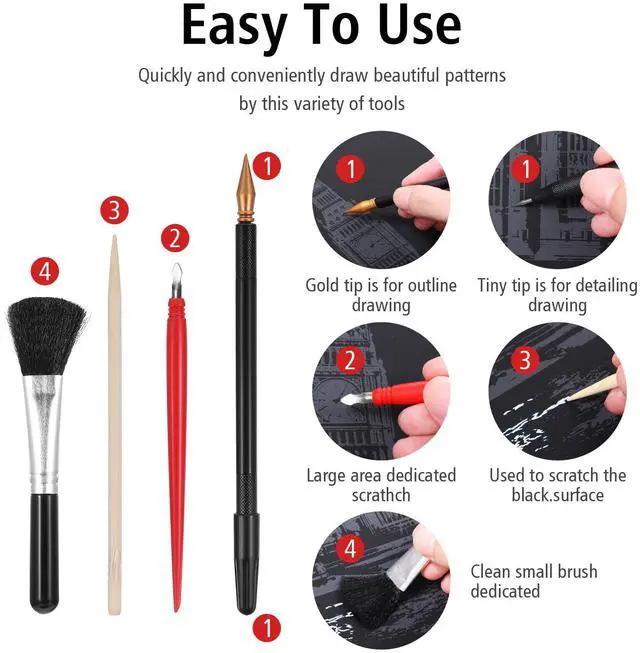 Alt view image 4 of 7 - 14 Pcs Scratch Art Tools Scratching Drawing Tool Set Including Tools Bag, Scratch Coloring Pens, Plastic Pens, Wooden Stylus, Clean Brush for Adults Painting Paper