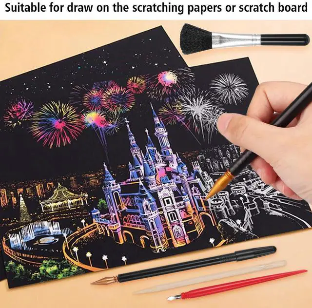 Alt view image 5 of 7 - 14 Pcs Scratch Art Tools Scratching Drawing Tool Set Including Tools Bag, Scratch Coloring Pens, Plastic Pens, Wooden Stylus, Clean Brush for Adults Painting Paper