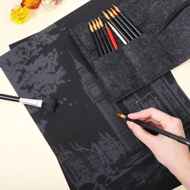 Alt view image 7 of 7 - 14 Pcs Scratch Art Tools Scratching Drawing Tool Set Including Tools Bag, Scratch Coloring Pens, Plastic Pens, Wooden Stylus, Clean Brush for Adults Painting Paper