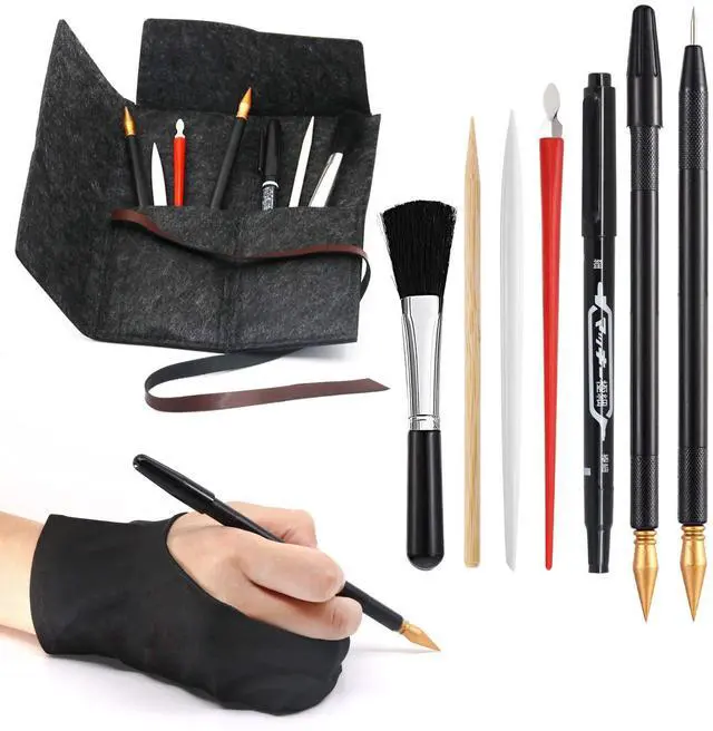 Main image of 9 Pcs Scratch Art Tools, Scratching Drawing Tools Set for Adults & Teens Painting Paper : Artist Glove, Tools Bag, Scratch Coloring Pens, Plastic and Wooden Stylus, Scraper, Repair Pen, Clean Brush