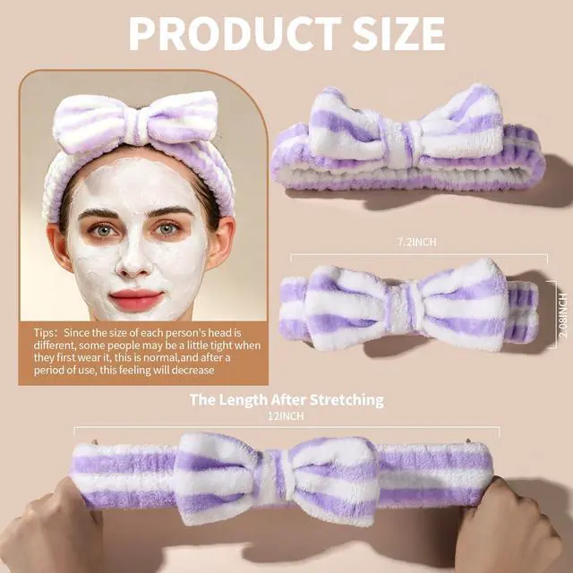 Alt view image 2 of 6 - 5pcs Makeup Headband with Removable Bow, Spa Headband for Washing Face for Teen Girls Women, Gifts Basket for Teens Girls Party, Skin Care Washing Hairband