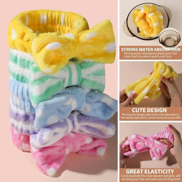 Alt view image 3 of 6 - 5pcs Makeup Headband with Removable Bow, Spa Headband for Washing Face for Teen Girls Women, Gifts Basket for Teens Girls Party, Skin Care Washing Hairband