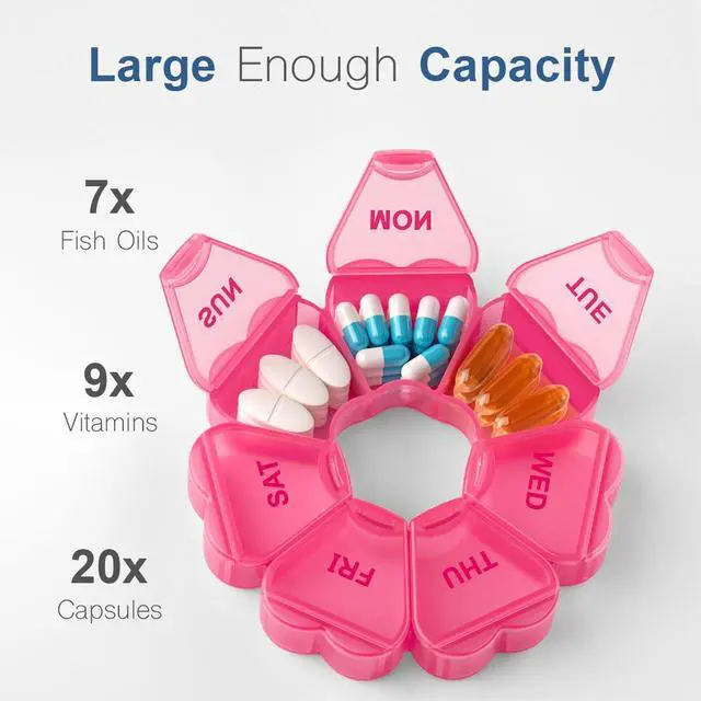 Alt view image 2 of 6 - Large Weekly Pill Organizer, Pill Box 7 Day, Daily Vitamin Case Large Capacity Compartments, Pill Containers for Fish Oil Medicine Supplements, Red