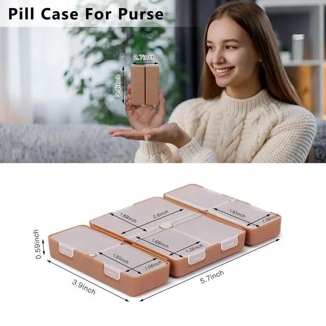 Alt view image 3 of 7 - Travel Pill Organizer,7 Compartments Small Pill Box Medicine Case-Brown