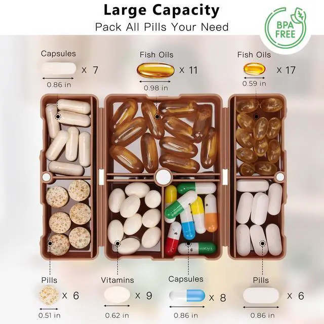Alt view image 4 of 7 - Travel Pill Organizer,7 Compartments Small Pill Box Medicine Case-Brown