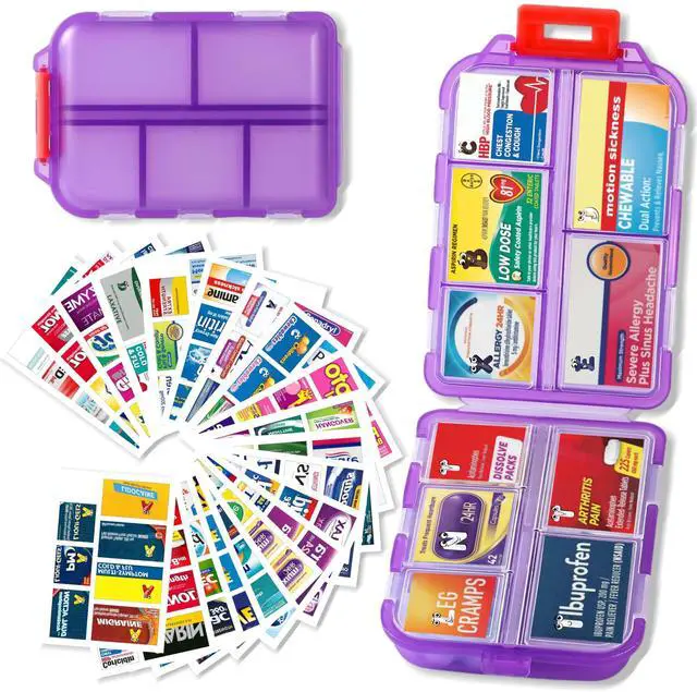 Main image of Pill Organizer with 161 Medicine Labels, Daily Travel Pill Case (Purple)