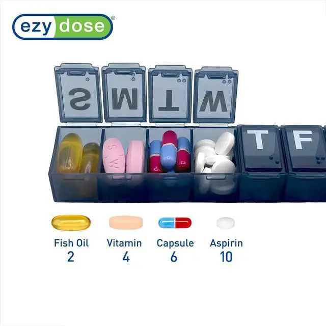 Alt view image 3 of 7 - Weekly (7-Day) Pill Organizer, Medium Planner, Black, BPA-Free