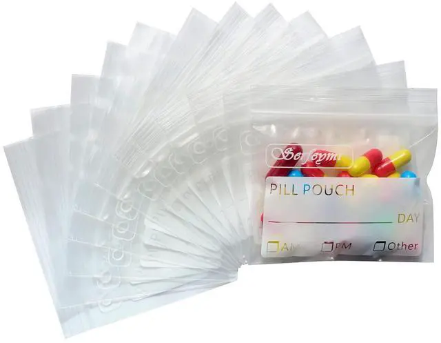 Main image of Pill Bags for Travel Pill Pouch Organizer Pack of 120 BPA Free 3 x 2.75 inch Reusable Pill Pouches for Medicine with Write on Label & Zipper Seal Waterproof AM PM Pill Baggies for Supplements