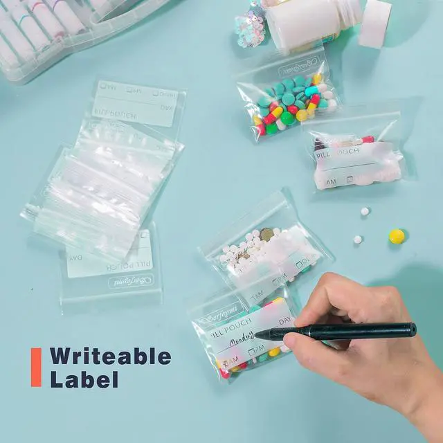 Alt view image 4 of 7 - Pill Bags for Travel Pill Pouch Organizer Pack of 120 BPA Free 3 x 2.75 inch Reusable Pill Pouches for Medicine with Write on Label & Zipper Seal Waterproof AM PM Pill Baggies for Supplements
