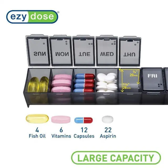 Alt view image 4 of 7 - Weekly (7-Day) Pill Organizer, Large Medicine Planner, Black