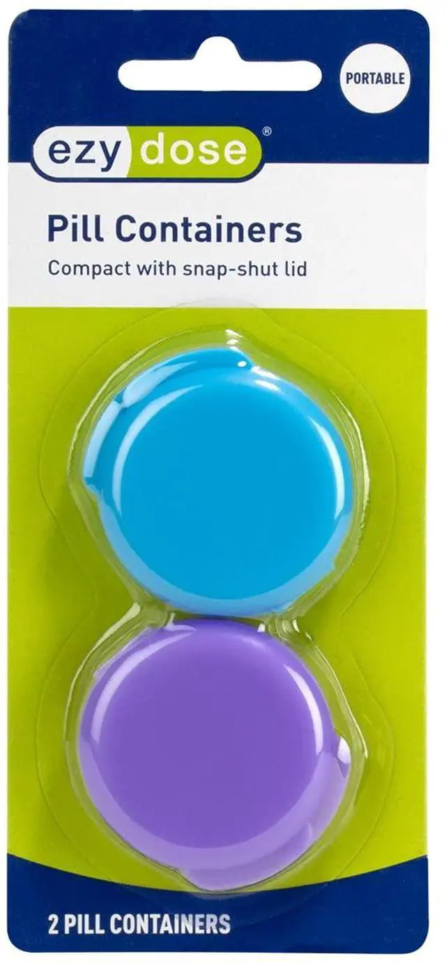 Main image of Daily Round, Compact, Small, Disrcrete, Portable On-The-Go Pocket Pharmacy, Pill Box, Organizer and Vitamin Containers, Snap Shut Lids, Travel Friendly, Colors May Vary, 2 Pack, BPA Free