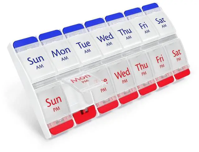 Main image of Weekly (7-Day) AM/PM Pill Organizer, X-Large Planner, Blue/Red
