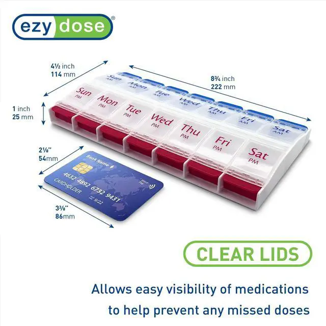 Alt view image 2 of 6 - Weekly (7-Day) AM/PM Pill Organizer, X-Large Planner, Blue/Red