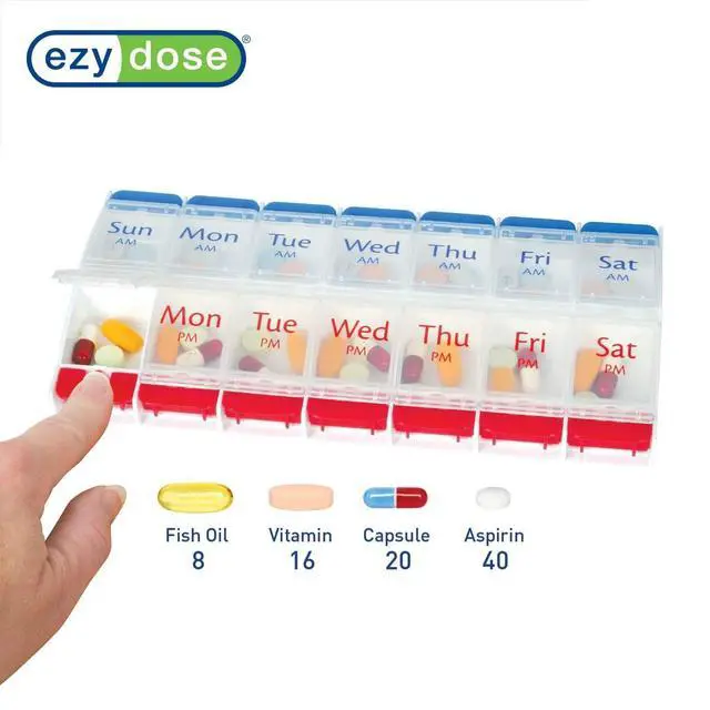 Alt view image 3 of 6 - Weekly (7-Day) AM/PM Pill Organizer, X-Large Planner, Blue/Red