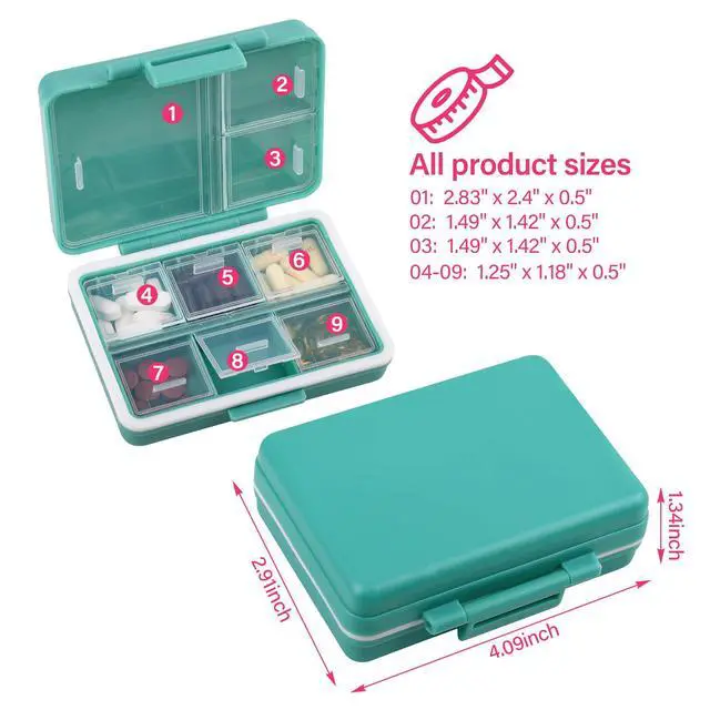 Alt view image 2 of 7 - 9 Compartment Pill Organizer,Waterproof Travel Medicine Case (Navy Green)