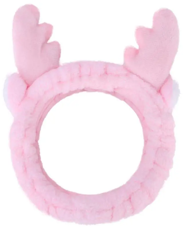 Main image of Cute Pink antlers Headband Frog Eye Elastic to Wash Face for Women Makeup Shower Spa.