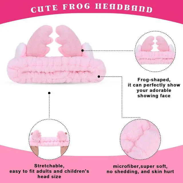 Alt view image 3 of 7 - Cute Pink antlers Headband Frog Eye Elastic to Wash Face for Women Makeup Shower Spa.