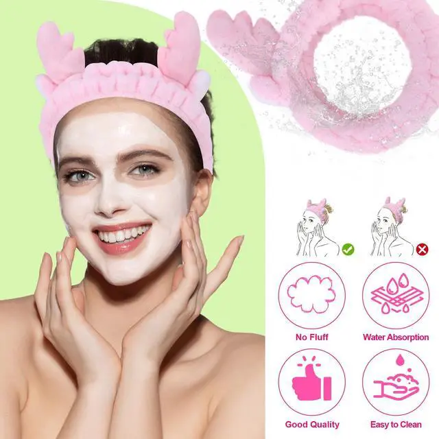 Alt view image 4 of 7 - Cute Pink antlers Headband Frog Eye Elastic to Wash Face for Women Makeup Shower Spa.