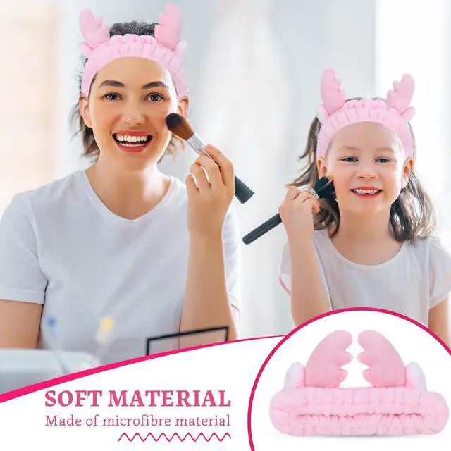 Alt view image 6 of 7 - Cute Pink antlers Headband Frog Eye Elastic to Wash Face for Women Makeup Shower Spa.