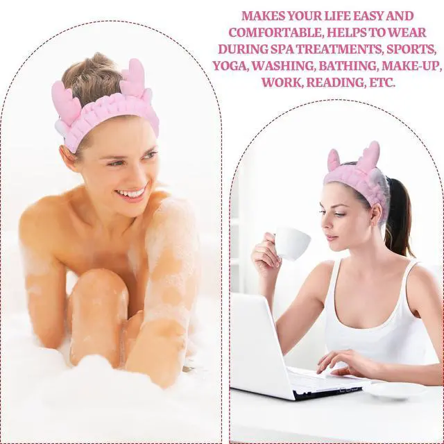 Alt view image 7 of 7 - Cute Pink antlers Headband Frog Eye Elastic to Wash Face for Women Makeup Shower Spa.