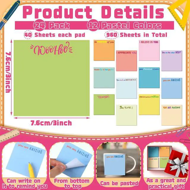 Alt view image 3 of 7 - 12 Pcs Sticky Notes Gifts Bulk,Appreciation,Simple Color