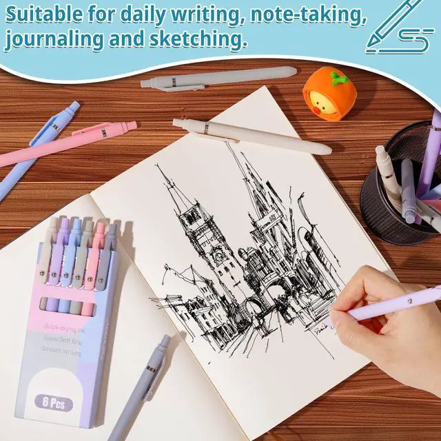 Alt view image 4 of 7 - Gel Pens, 6 Pcs Smooth Writing Pens No Bleed & Smear, Black Ink Cute Pens Fine Point (0.5mm), Retractable Aesthetic Pens School Office Supplies for Women & Men