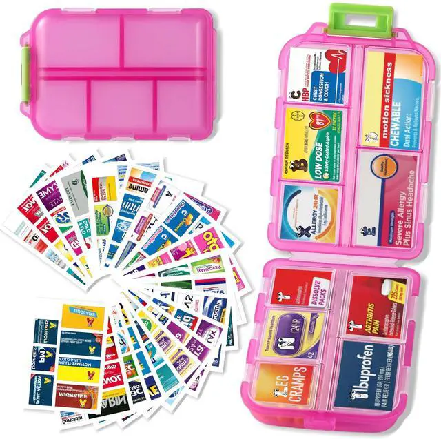 Main image of Pill Organizer with 161 Medicine Labels, Daily Travel Pill Case (Pink)