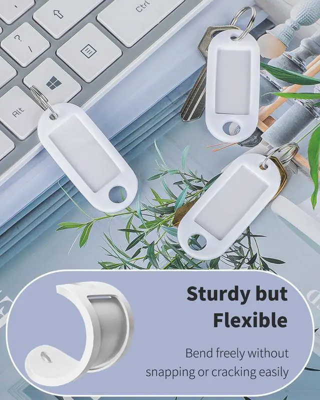Alt view image 2 of 6 - 10 Pieces Key Tags 2 Inch Soft Plastic Key Chain Tags with Blank Paper Labels Clear Windows Protective Films and Split Rings Flexible Item Identifiers, White