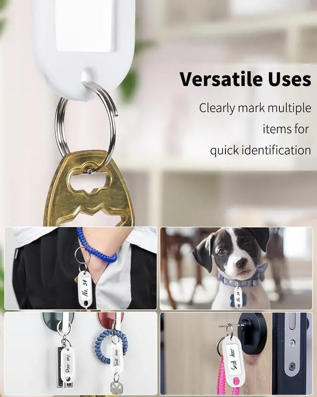 Alt view image 3 of 6 - 10 Pieces Key Tags 2 Inch Soft Plastic Key Chain Tags with Blank Paper Labels Clear Windows Protective Films and Split Rings Flexible Item Identifiers, White