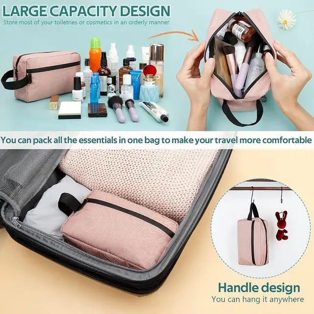 Alt view image 3 of 6 - Travel Toiletry Bag for Women and Men, Water-resistant Shaving Bag for Toiletries Accessories, Foldable Storage Bags with Divider and Handle for Cosmetics Toiletries Brushes Tools (Pink)