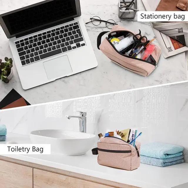 Alt view image 4 of 6 - Travel Toiletry Bag for Women and Men, Water-resistant Shaving Bag for Toiletries Accessories, Foldable Storage Bags with Divider and Handle for Cosmetics Toiletries Brushes Tools (Pink)