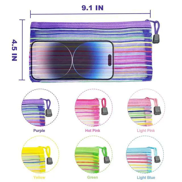 Alt view image 7 of 7 - Mesh Bags with Zipper (6 Pack), Small Nylon Makeup Bag Cosmetic Pouches Travel Organizer for Purse Diaper Bag Home Organizing Striped Mix 6 Colors