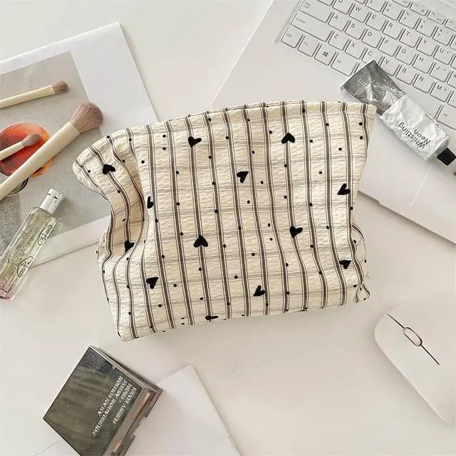 Alt view image 7 of 7 - Flat Makeup Bag for Women,Zipper Cosmetic Pouch for Purse,Gingham Heart