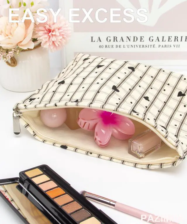 Alt view image 2 of 7 - Flat Makeup Bag for Women,Zipper Cosmetic Pouch for Purse,Gingham Heart