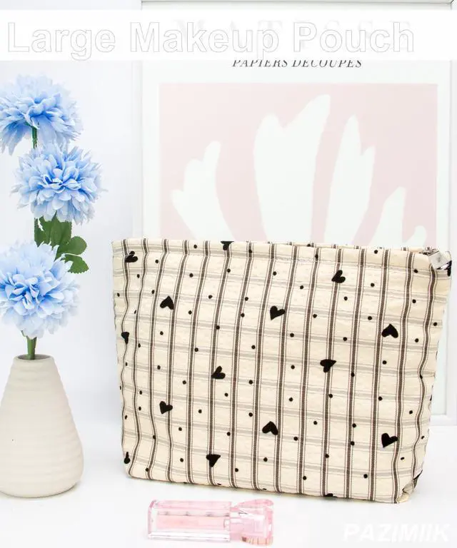 Alt view image 5 of 7 - Flat Makeup Bag for Women,Zipper Cosmetic Pouch for Purse,Gingham Heart
