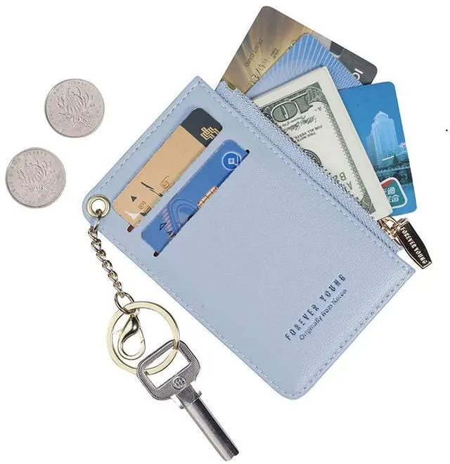 Main image of Small Wallets for Women Slim Leather Card Case Holder Wallet Coin Change Purse with Keychain (Blue)