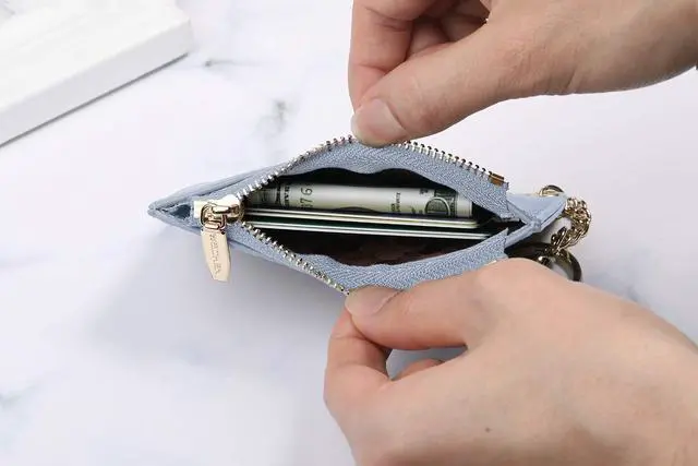 Alt view image 4 of 6 - Small Wallets for Women Slim Leather Card Case Holder Wallet Coin Change Purse with Keychain (Blue)