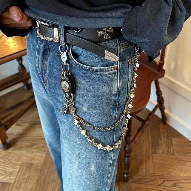 Alt view image 2 of 5 - Jean Pants Chain: Pocket Chain Belt for Men Women, Rockstar Streetwear Goth Punk Grunge emo Y2K Biker Wallet Accessories - Black Leather
