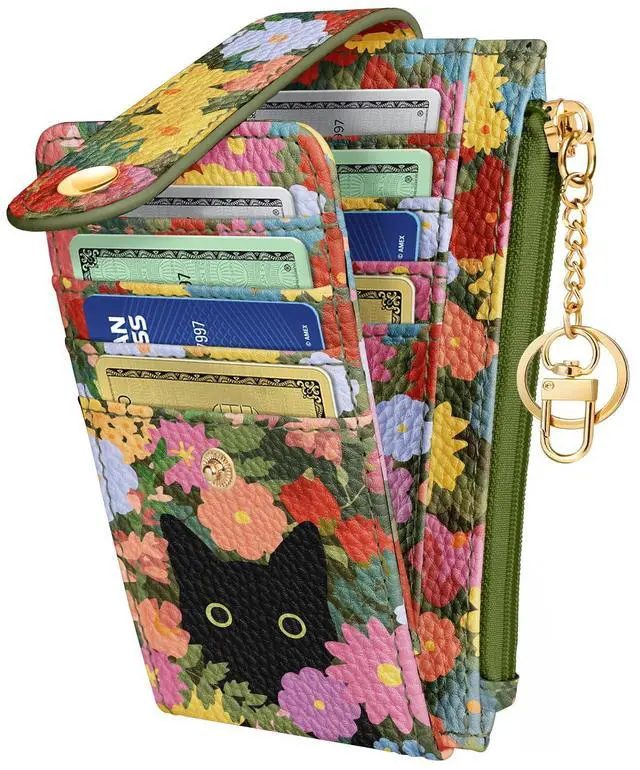 Main image of Slim Small Card Wallet for Women Cute Card Holder Wallets with Keychain Credit RFID Blocking Holds 7 Cards, Leather Fashion Design for Female Ladies Teen Girls, Cat Flower
