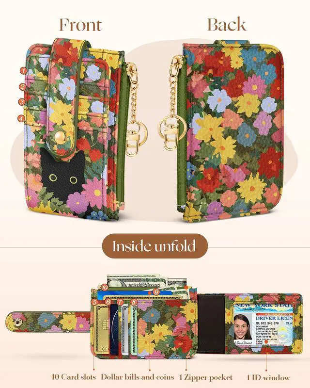 Alt view image 3 of 6 - Slim Small Card Wallet for Women Cute Card Holder Wallets with Keychain Credit RFID Blocking Holds 7 Cards, Leather Fashion Design for Female Ladies Teen Girls, Cat Flower