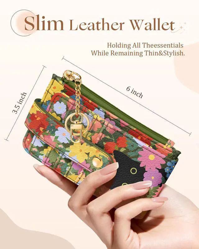 Alt view image 2 of 6 - Slim Small Card Wallet for Women Cute Card Holder Wallets with Keychain Credit RFID Blocking Holds 7 Cards, Leather Fashion Design for Female Ladies Teen Girls, Cat Flower
