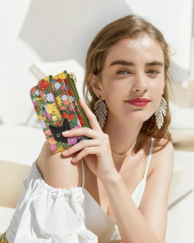Alt view image 6 of 6 - Slim Small Card Wallet for Women Cute Card Holder Wallets with Keychain Credit RFID Blocking Holds 7 Cards, Leather Fashion Design for Female Ladies Teen Girls, Cat Flower