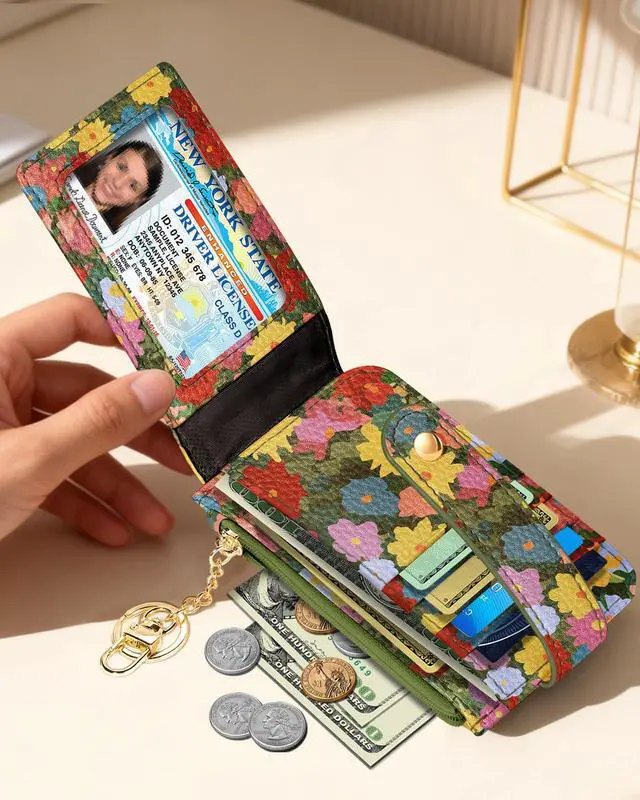 Alt view image 5 of 6 - Slim Small Card Wallet for Women Cute Card Holder Wallets with Keychain Credit RFID Blocking Holds 7 Cards, Leather Fashion Design for Female Ladies Teen Girls, Cat Flower