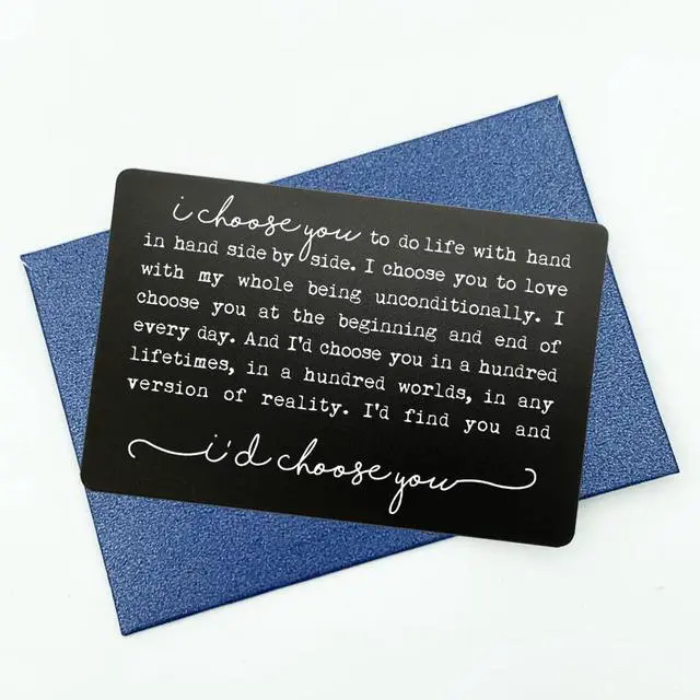 Alt view image 3 of 6 - I Choose You Metal Wallet Insert Card, Engraved Black Aluminum Keepsake, Romantic Love Promise, Wedding Anniversary & Everyday Gift.