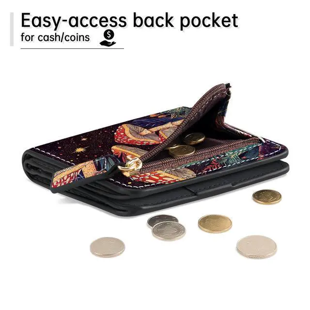 Alt view image 7 of 7 - Mushroom Night RFID Small Wallet Women, Slim Thin Vegan Leather Bifold Wallet with Zipper Coin Pocket & ID Window, Cute Mini Credit Card Holder Gift for Women Ladies Teen Girls